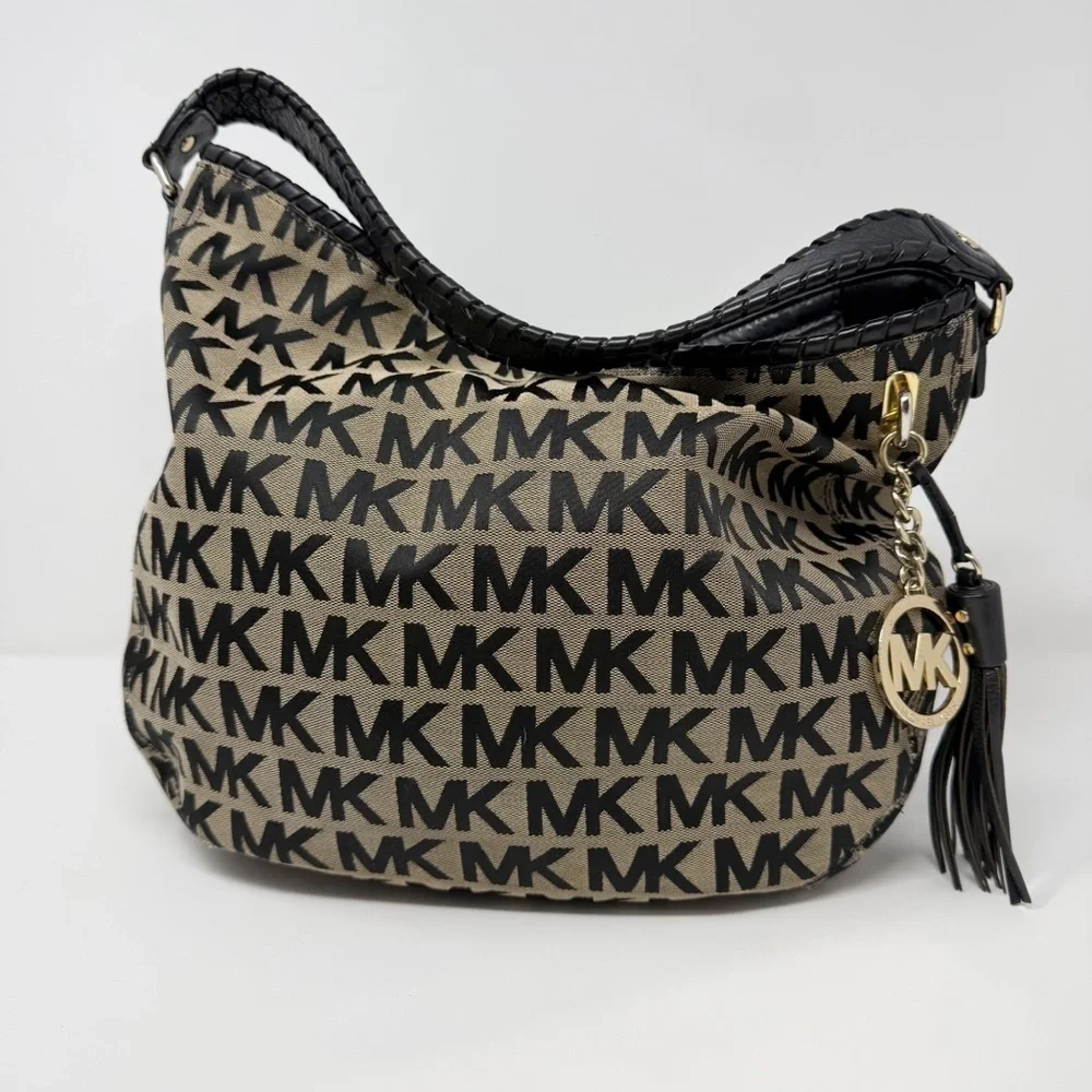 Michael Kors MK Logo Jacquard Hobo Shoulder Bag Black Tan Tassel Charm